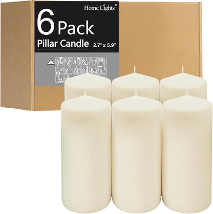 HomeLights Pillar Candles - 2.7x6 inch | 60 Hours Burning, 6 Count - White Unscented Smokeless European Pillar Candles - Perfect for Wedding, Parties, Spas, Home Gatherings and Dinner