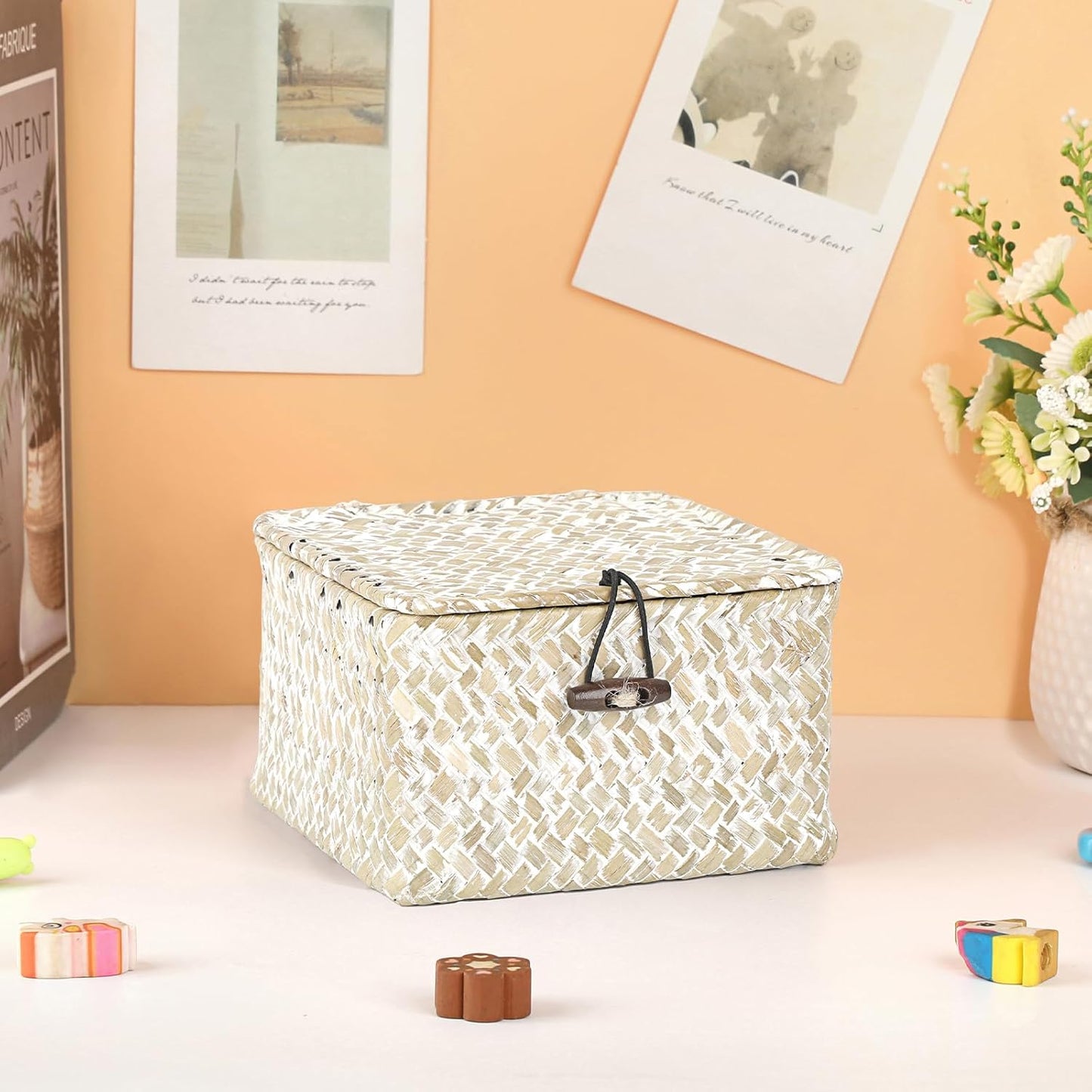 Hipiwe Seagrass Basket with Lid Wicker Storage Basket Square Handwoven Decorative Baskets Box for Shelf Multipurpose Household Baskets Home Decor,X-small