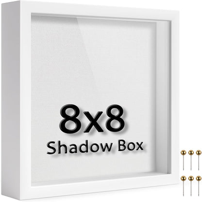 8x8 Shadow Box Frame | Soft Linen Back & Push Pins Included, Polystyrene Glass Memory Display Case for Flowers, Tickets & Cherished 3D Items, White