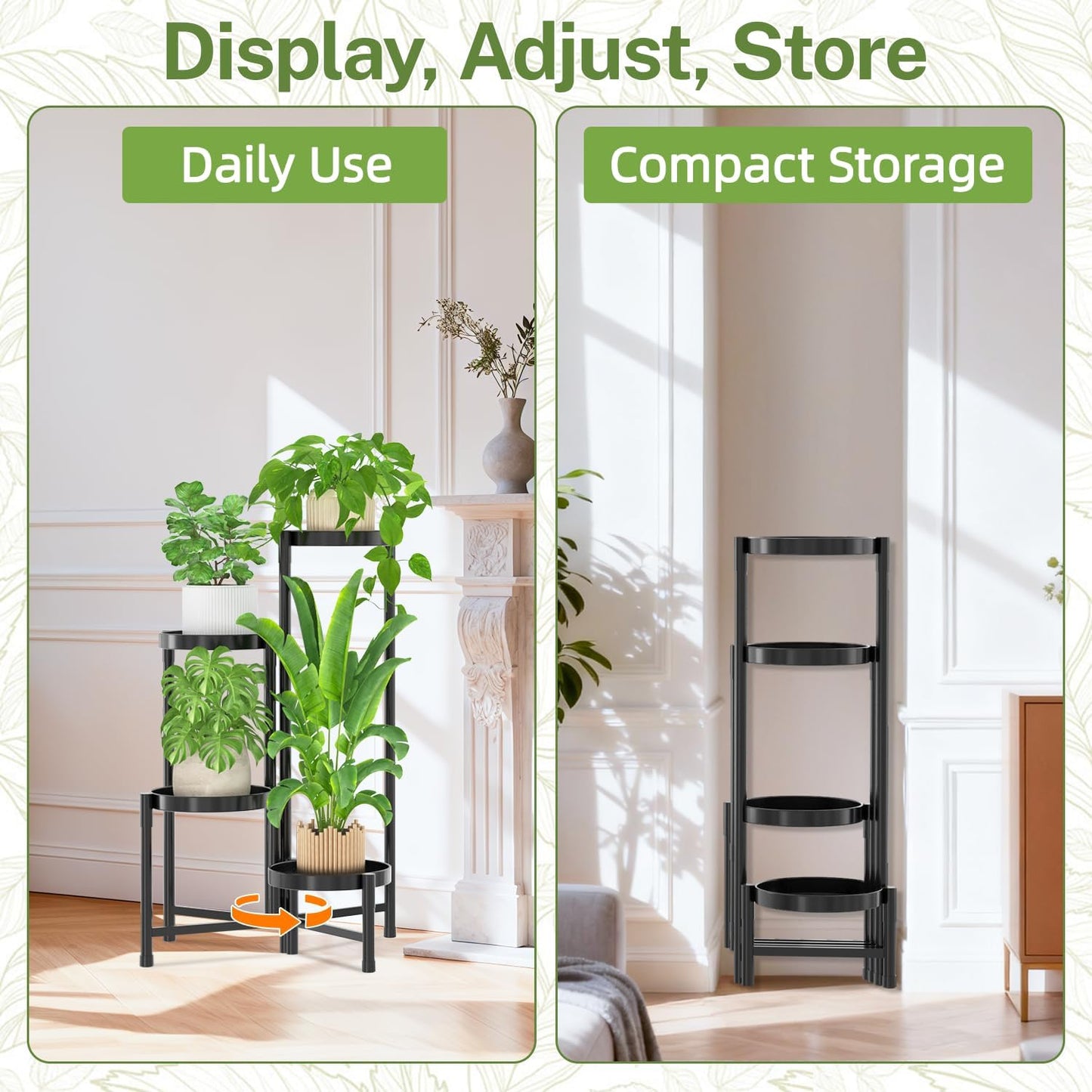 iDavosic.ly Plant Stand Indoor Outdoor, 5 Tier Corner Metal Flower Display Holder Shelf, Folding Tall Orchid Rack for Patio Balcony Porch Garden Living Room House, Black