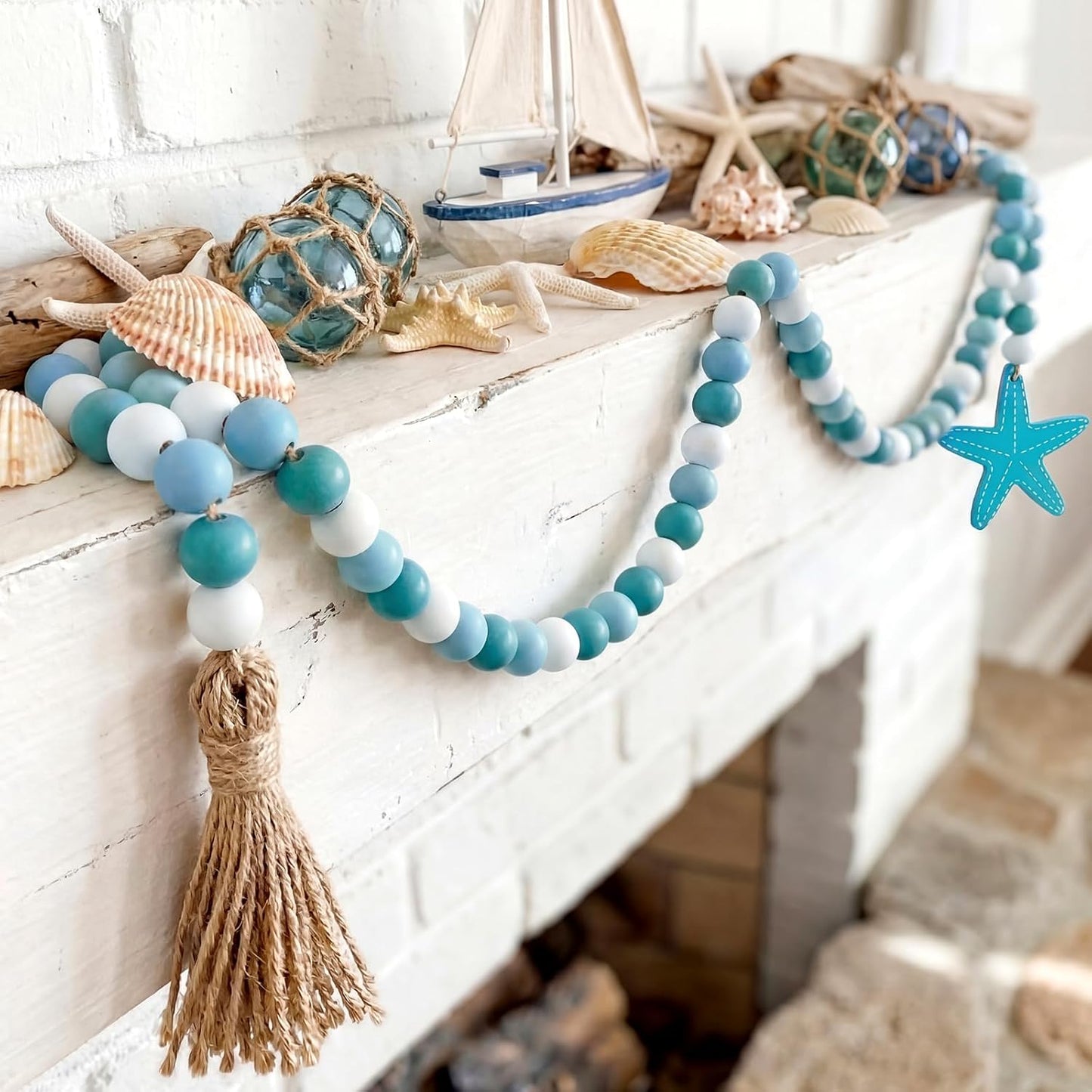Janinka 2 Pcs Farmhouse Seashell Bead Garland with Tassels Decorative Beads Decor Nautical Farmhouse Tiered Tray Decorations Set Coastal Garland for Home and Kitchen, Wooden Beads(White)