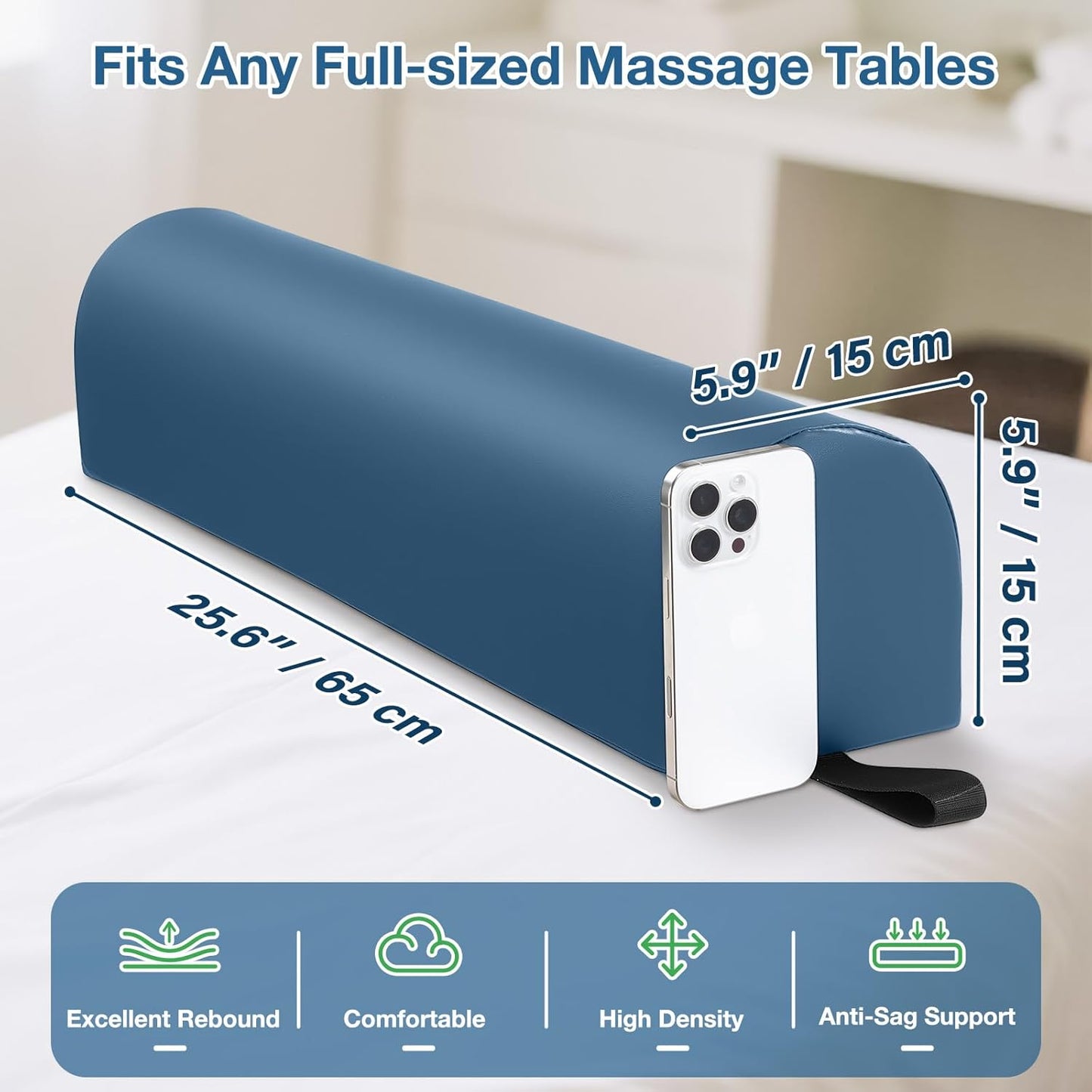 Noverlife 3/4 Round Massage Table Bolster Pillow with Strap Handle, 26 x 6 x 6 in PU Leather Massage Bolster for Under Legs, Cozy Positioning Support Pad for Knee Neck Back Pain Relief - Black