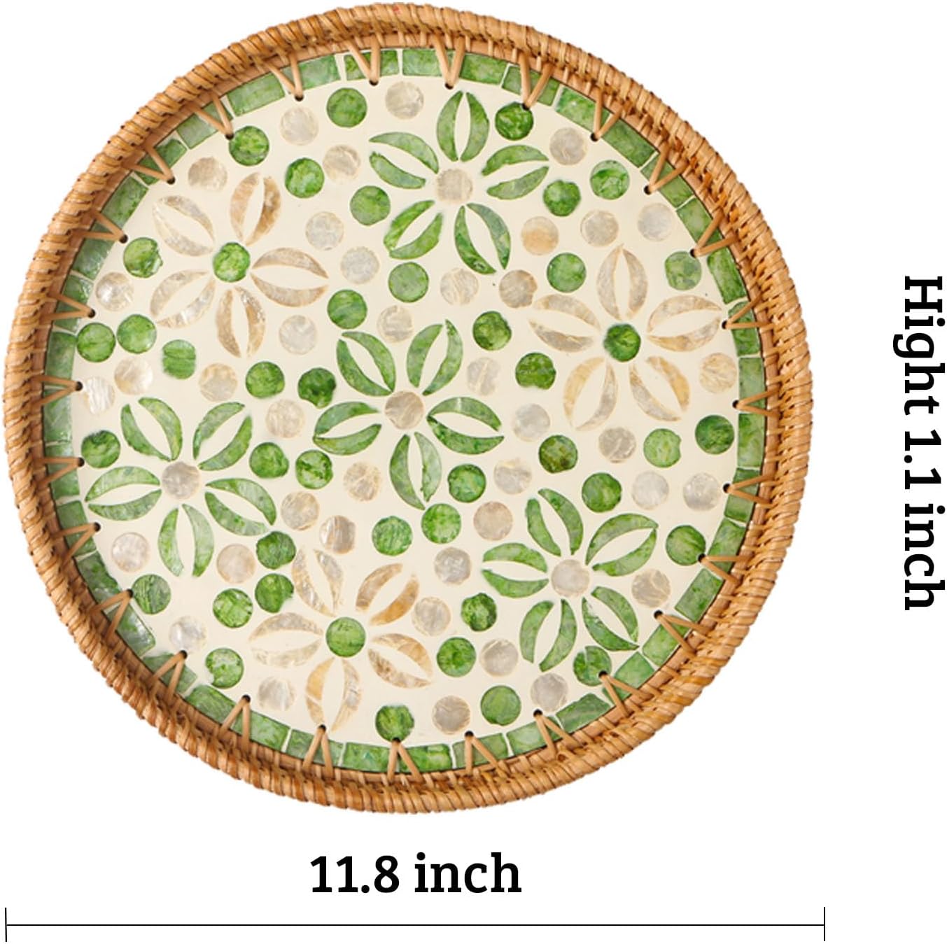 Round Rattan Tray with Mother of Pearl Inlay, Decorative Wicker Serving Tray with Wooden Base, Woven Basket Trays for Bread Fruits Coffee, Leaf