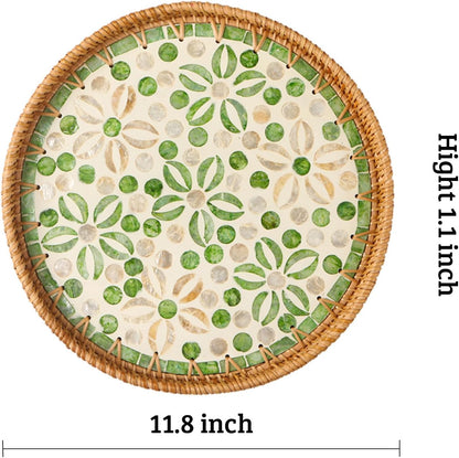 Round Rattan Tray with Mother of Pearl Inlay, Decorative Wicker Serving Tray with Wooden Base, Woven Basket Trays for Bread Fruits Coffee, Leaf