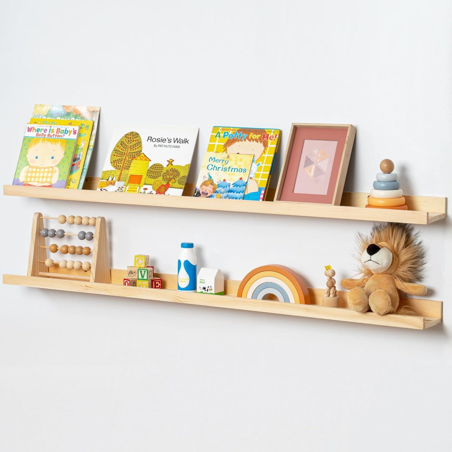 FLYJOE Picture Ledge Shelf, Floating Shelves Set of 2, Solid Pine Wood 55'' Long Large Nursery Book Shelves for Toys Storage, Kids Bookshelf for Living Room Bedroom Decor Books Photo Frames, Walnut