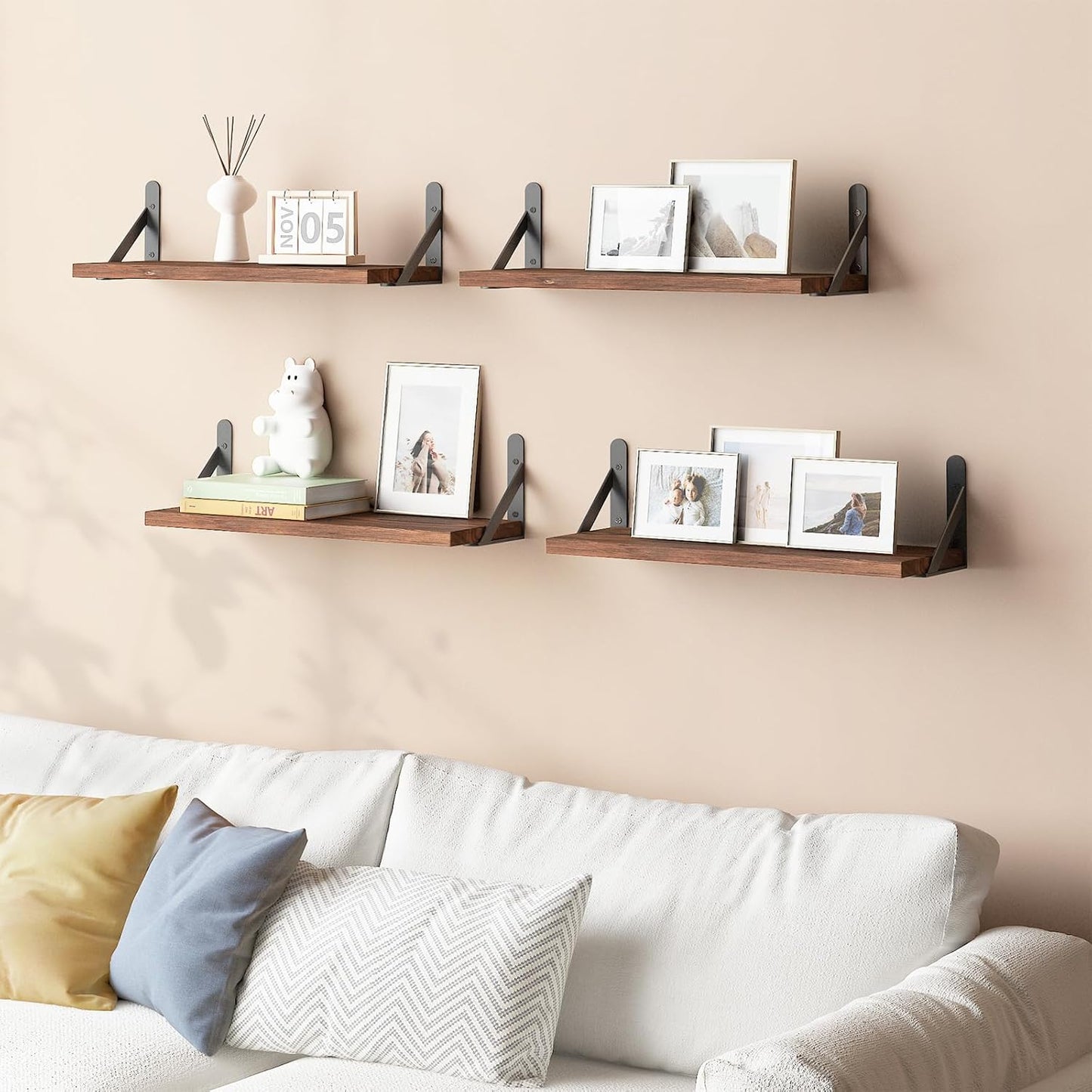 YGEOMER Brown Floating Shelves for Wall, 16.5 Inch Farmhouse Wall Shelves for Bedroom, Bathroom Storage, Living Room and Kitchen Decor (Set of 6 Brown)
