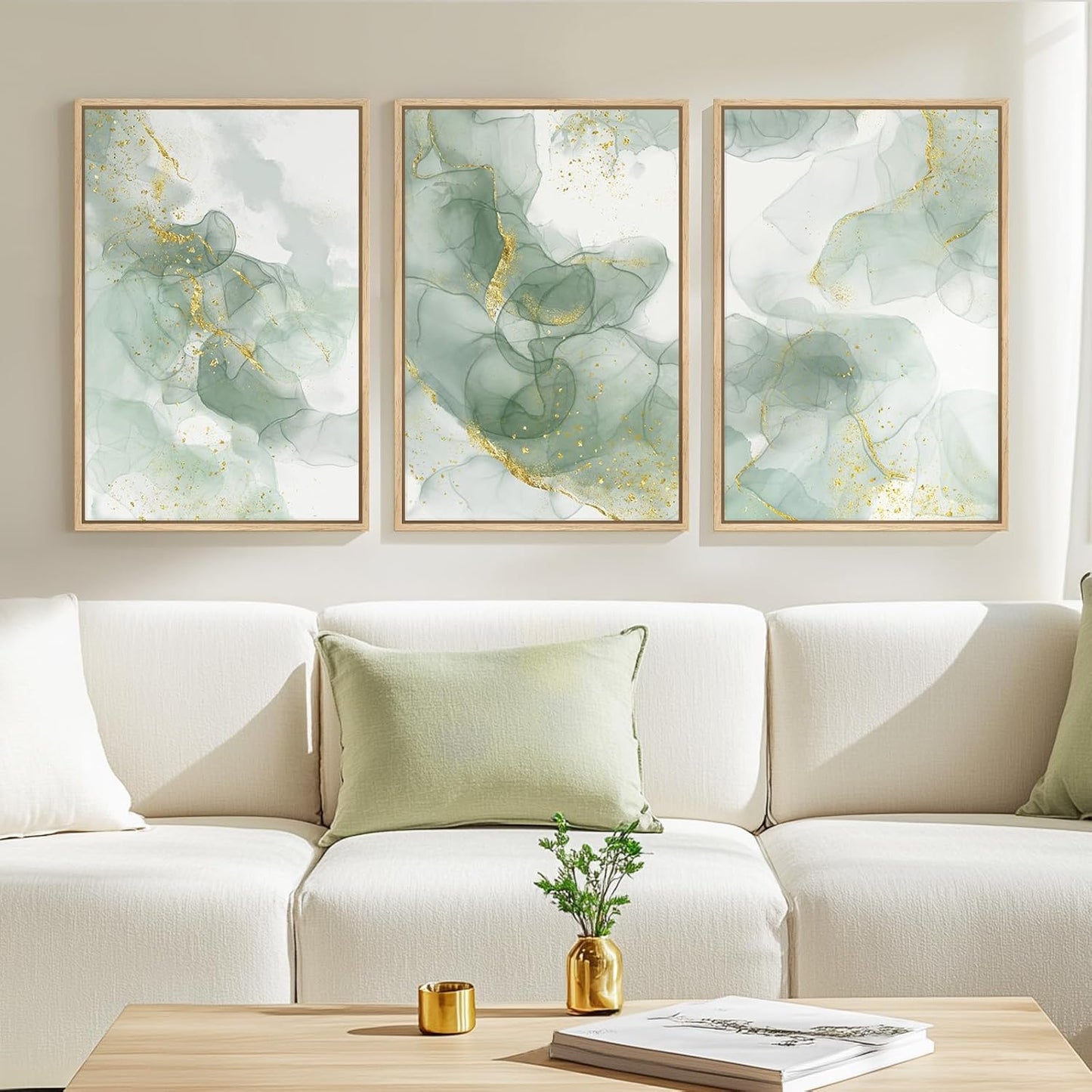 Large Framed Abstract Nature Landscape Wall Art for Living Room, Set of 3 Modern Canvas Prints Paintings Artwork for Walls, Green Lake Pictures for Hallway, Dining Room, Office Wall Decor 24x36 Inch