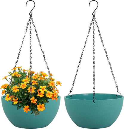 Meowell 10 inch Hanging Planters for Indoor Outdoor Plants, 2 Pack Hanging Flower Pots with Drainage Holes and Chain for Garden Porch, Plastic Hanging Baskets for House Plants, Speckled Grey