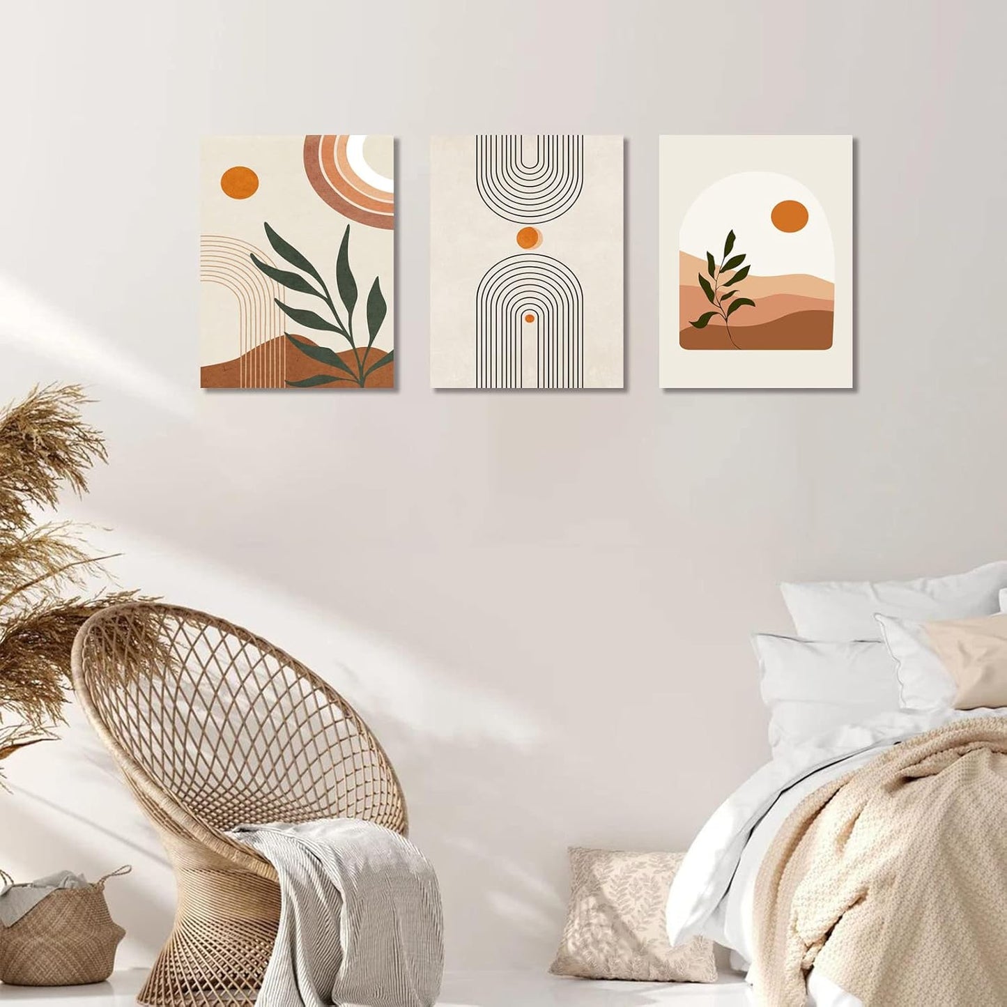 Sage Green Boho Wall Art Set of 3, Minimalist Framed Wall Art Geometric Line Leaf Sun Moon Beige Green Canvas Artwork Paintings, Abstract Botanical Boho Room Decor, Office, 12"x16"