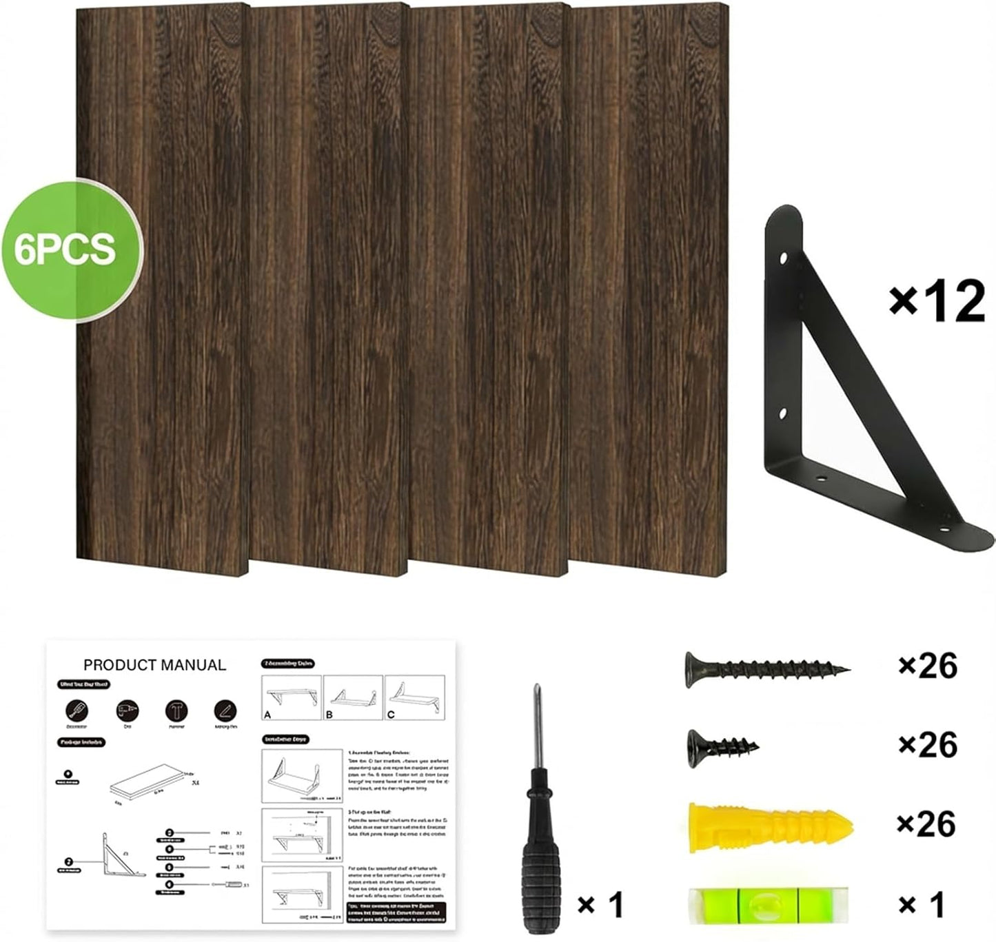YGEOMER Brown Floating Shelves for Wall, 16.5 Inch Farmhouse Wall Shelves for Bedroom, Bathroom Storage, Living Room and Kitchen Decor (Set of 6 Brown)