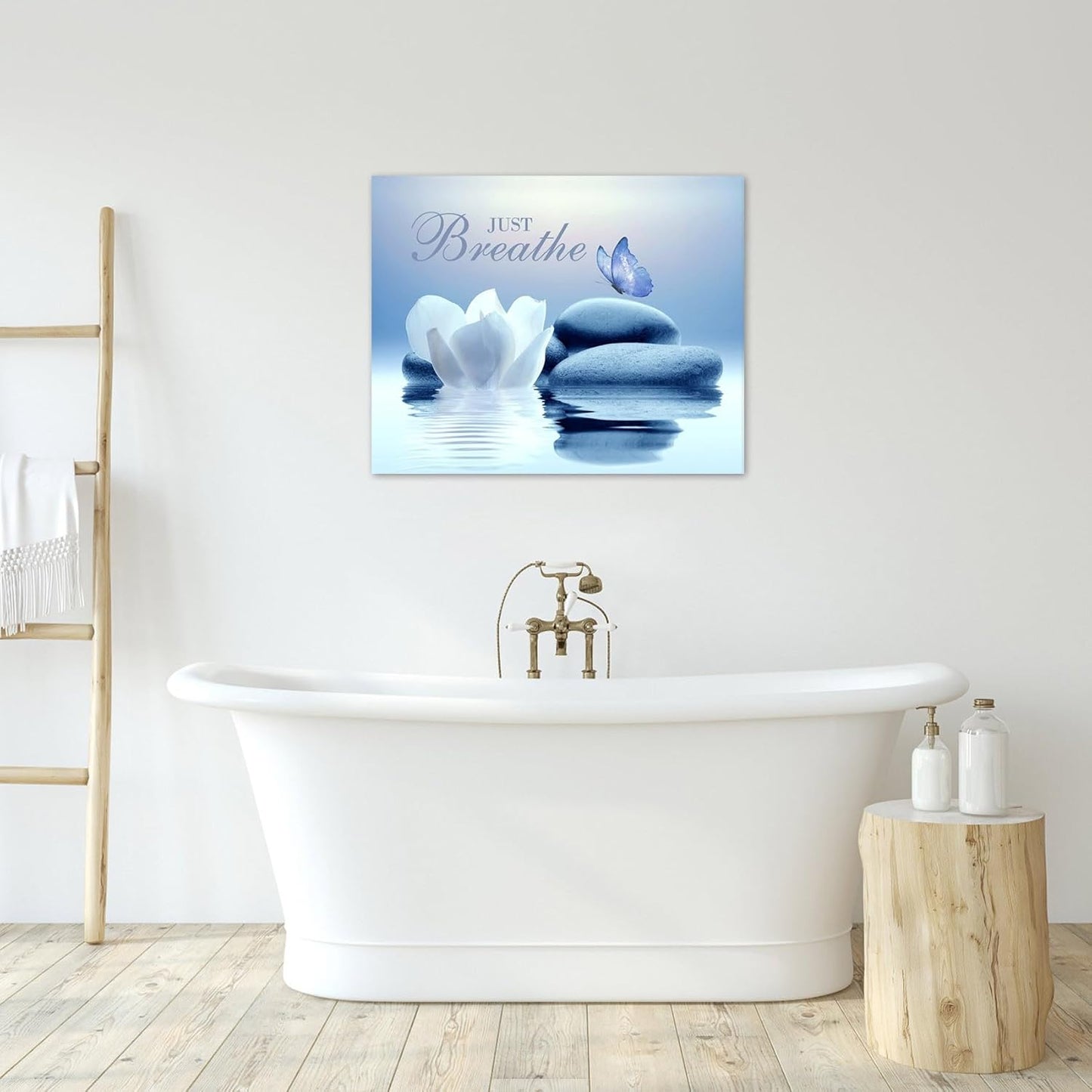 EOBTAIN Zen Flower Canvas Wall Art Bathroom Butterfly and Water Lily Stone Relaxing Spiritual Yoga Framed Wall Art Just Breathe Pictures Canvas Wall Decor for Living Room Bedroom,12x16 Inches