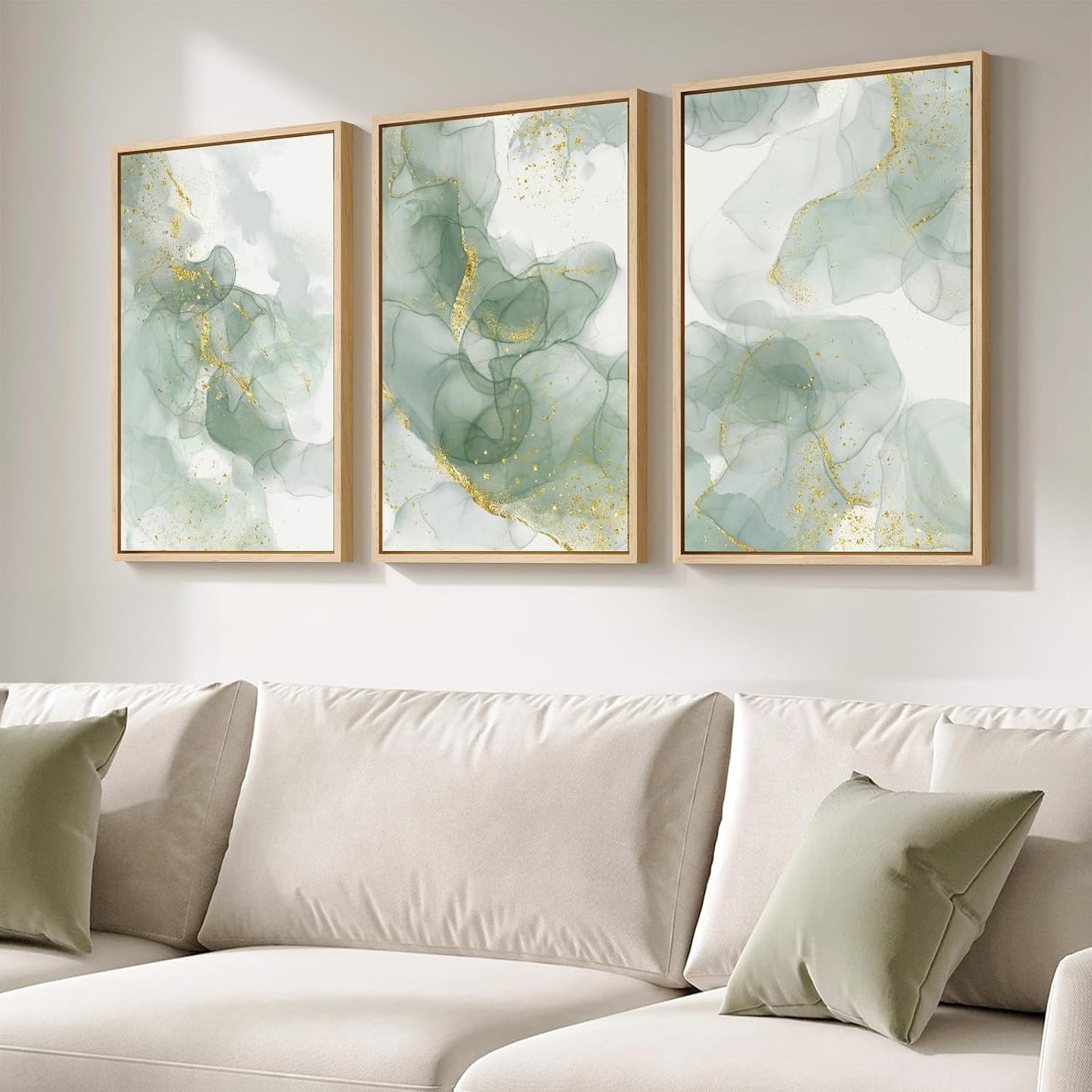Large Framed Abstract Nature Landscape Wall Art for Living Room, Set of 3 Modern Canvas Prints Paintings Artwork for Walls, Green Lake Pictures for Hallway, Dining Room, Office Wall Decor 24x36 Inch