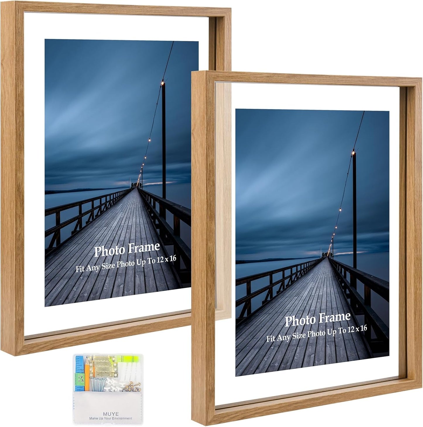 MUYE 11x14 Floating Frame Set of 2,Double Glass Rustic Frame,Display Any Size Photo up to 11x14,Wall Mount or Tabletop Standing,Natural