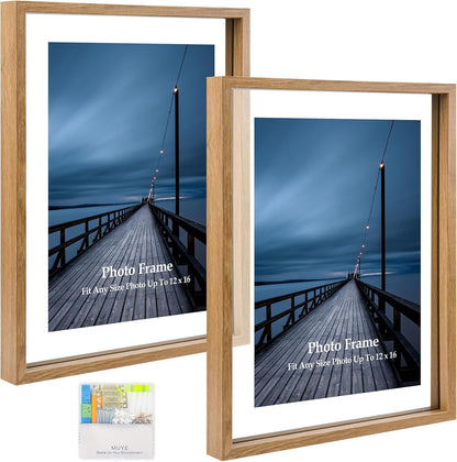MUYE 11x14 Floating Frame Set of 2,Double Glass Rustic Frame,Display Any Size Photo up to 11x14,Wall Mount or Tabletop Standing,Natural