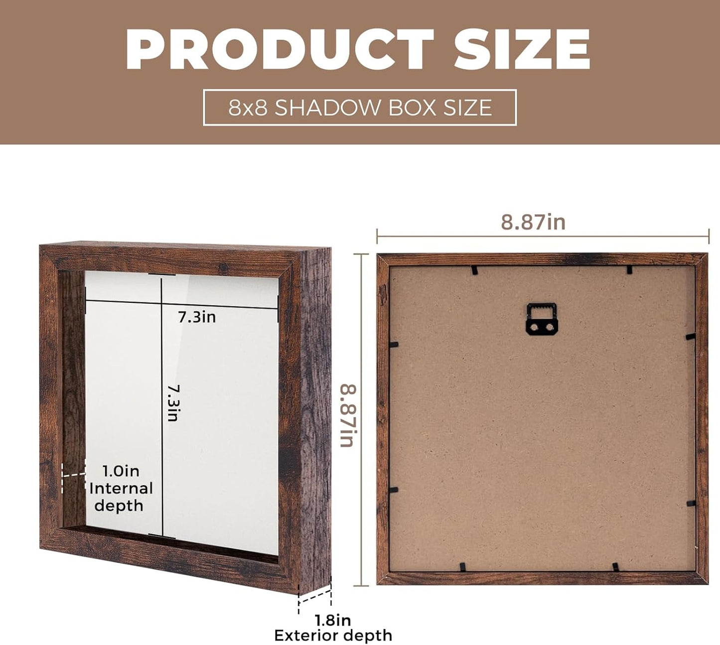 Muzilife 8x8 Shadow Box Picture Frame with Linen Board - Deep Wood & Glass Display Case Ready to Hang Memory Box Baby Sports Memorabilia, Pins, Awards, Medals, Wedding, Tickets and Photos (Black)