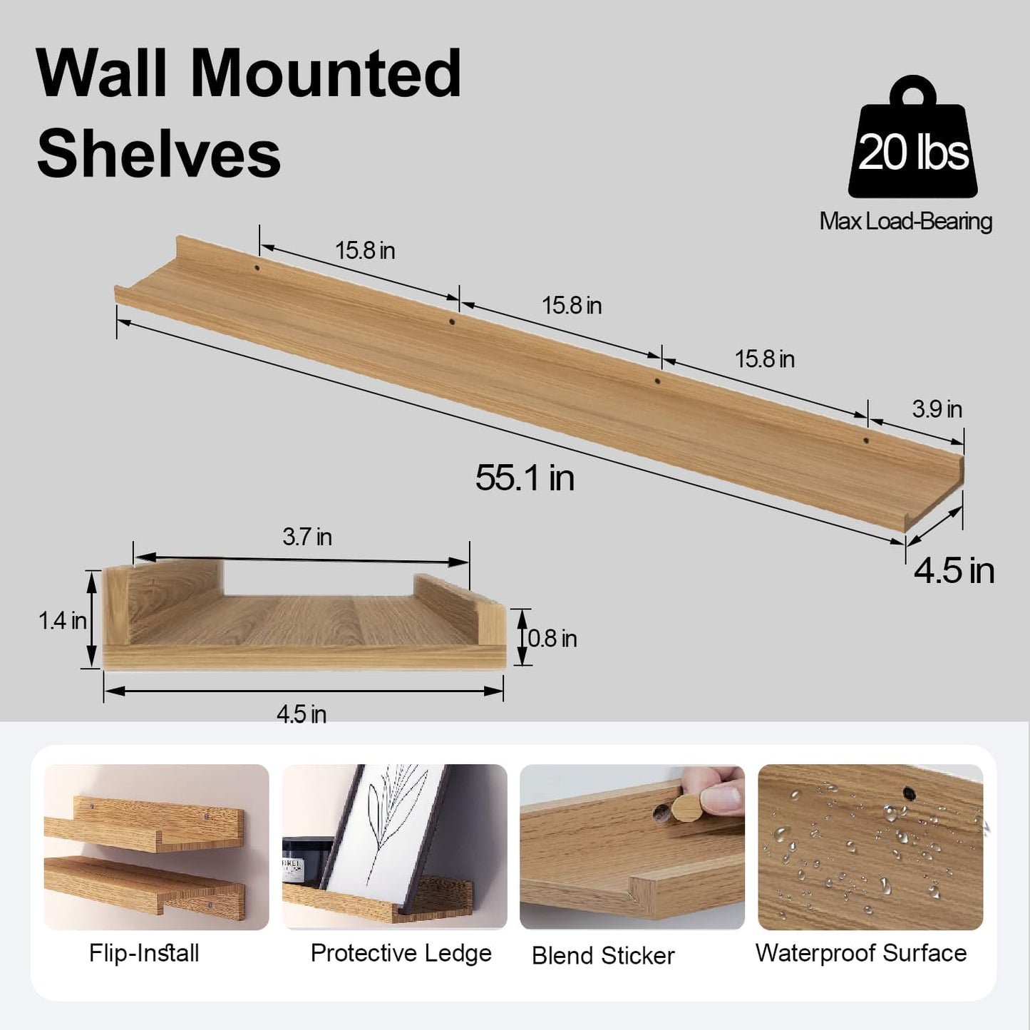 White Floating Shelves for Wall Decor, Wall Mounted Wood Storage Shelf for Bedroom, Living Room, Bathroom, Kitchen, Nursery, Display Picture Ledge Shelf with Lip Set of 2-14 Inches, White