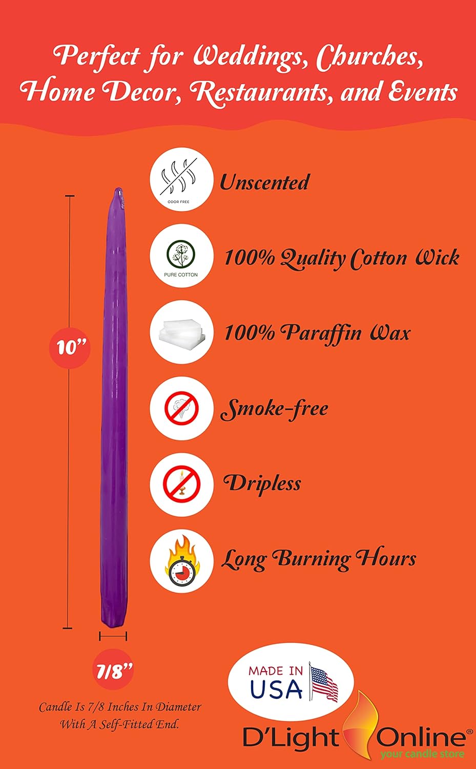 D'light Online White Taper Candles, 10 Inch Premium Quality Candles Hand-Dipped Tapered Candles, Dripless, Smokeless and Unwrapped Bulk Pack for Events - Set of 12 (10 Inch, White)