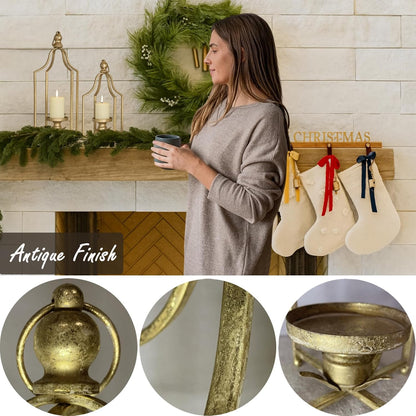 12.5" & 16.5" Timeless Cozy Decorative Lanterns Set of 2, Handcrafted Metal Iron Candle Holders, Farmhouse Elegance Fireplace Mantel Table Festive Gatherings Decor (Antique Gold)