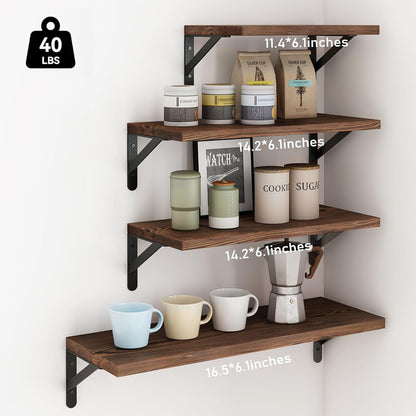 YGEOMER Floating Shelves for Wall, Different Sizes Dark Carbonized Brown Wall Shelves for Living Room, Bathroom, Bedroom, Kitchen, Home Decor (Set of 4)
