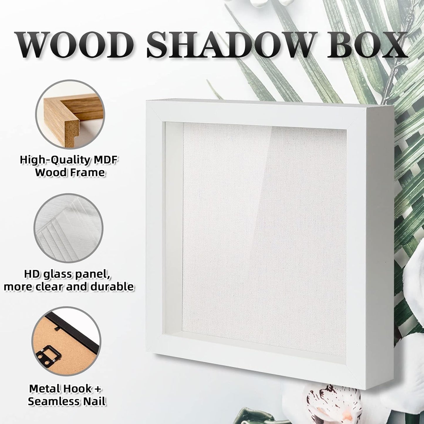 Muzilife 8x8 Shadow Box Picture Frame with Linen Board - Deep Wood & Glass Display Case Ready to Hang Memory Box Baby Sports Memorabilia, Pins, Awards, Medals, Wedding, Tickets and Photos (Black)
