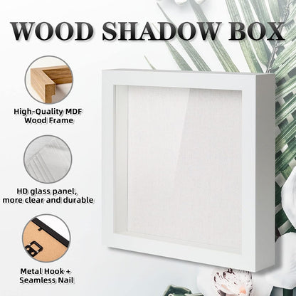 Muzilife 8x8 Shadow Box Picture Frame with Linen Board - Deep Wood & Glass Display Case Ready to Hang Memory Box Baby Sports Memorabilia, Pins, Awards, Medals, Wedding, Tickets and Photos (Black)