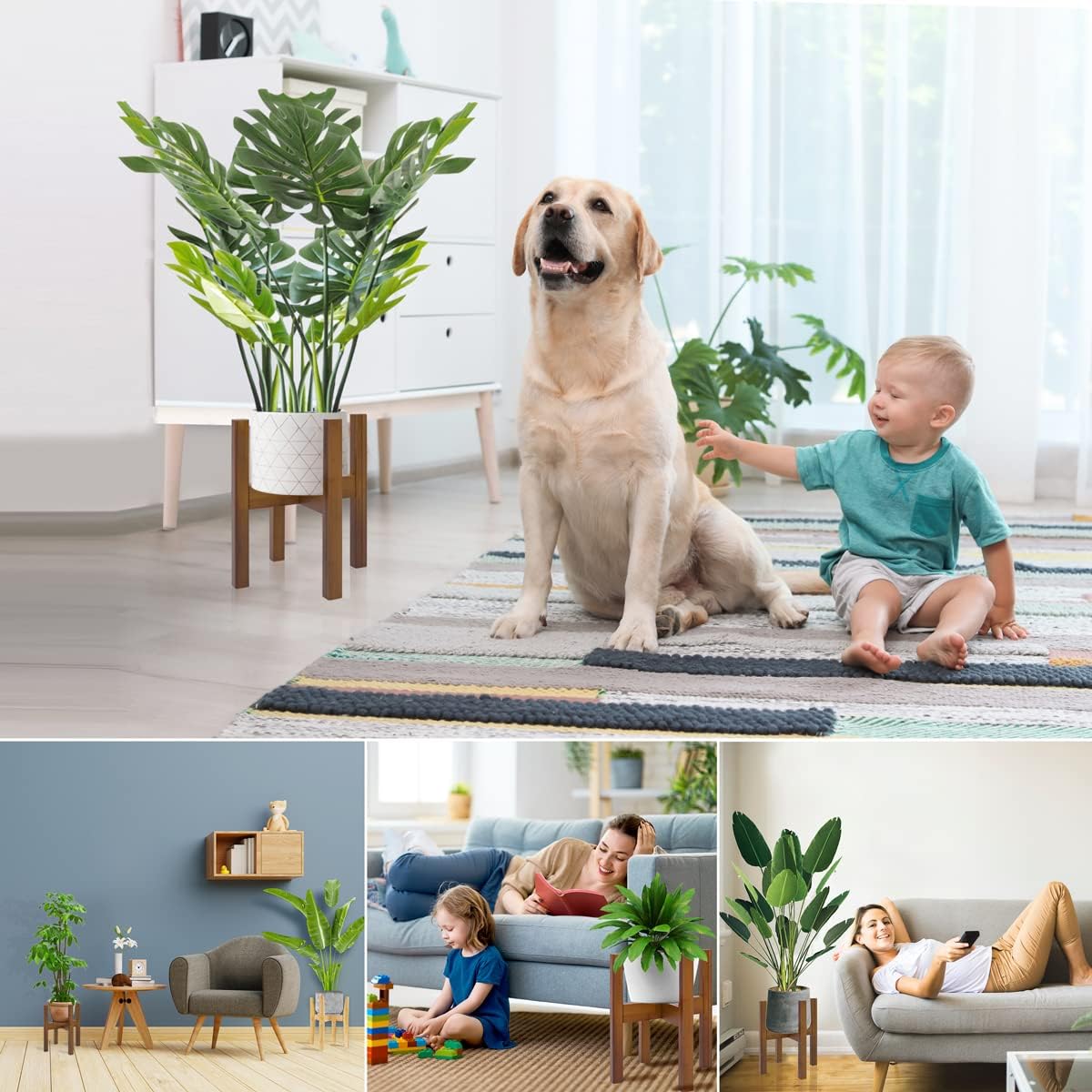 Rnined Adjustable Plant Stand Indoor,Bamboo Mid Century Modern Plants Stands, Stable Plant Holder,Fit 8 9 10 11 12 inch Pots (Pot & Plant Not Included)