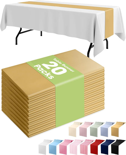 Pureegg Gold Plastic Table Runners - 10 Pack, 14'' x 108'', Water Resistant & Disposable Centerpiece Decorations for Table Cloth, Wedding, Birthday, Holiday, Baby Shower, Party, Home Decor