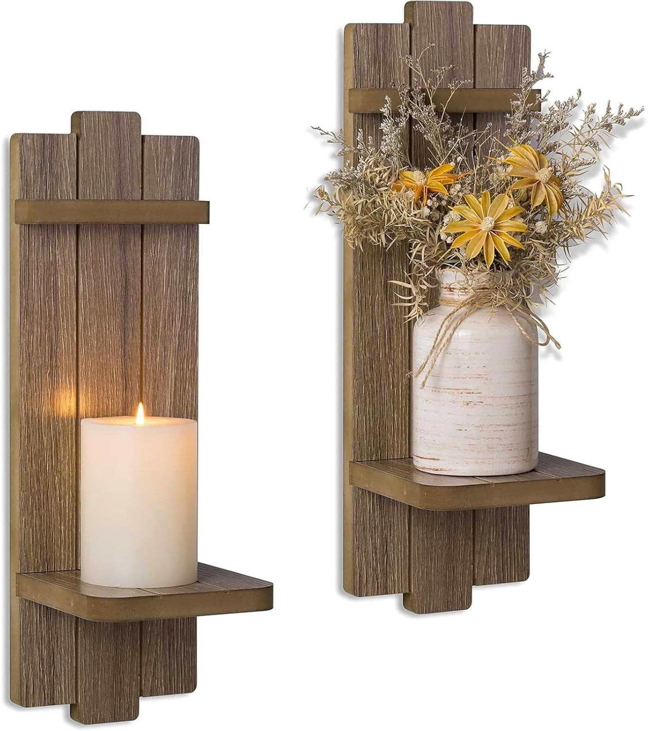 Candle Sconces Black Wall Decor Set of 2 - Wood Wall Candle Holders Set of Two for Small Plants Pillar Candles Tealight - Gothic Distressed Decor for Living Room