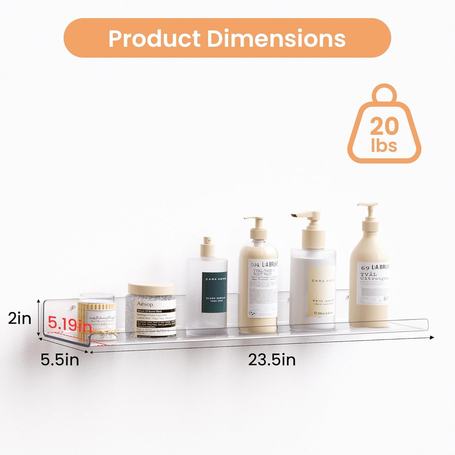 upsimples 6 Pack Acrylic Shelves for Wall Storage, 15" x 4“ Floating Bookshelves for Kids, Display Shelf Organizer for Bathroom, Bedroom, Living Room, Kitchen, Room Decor, Clear