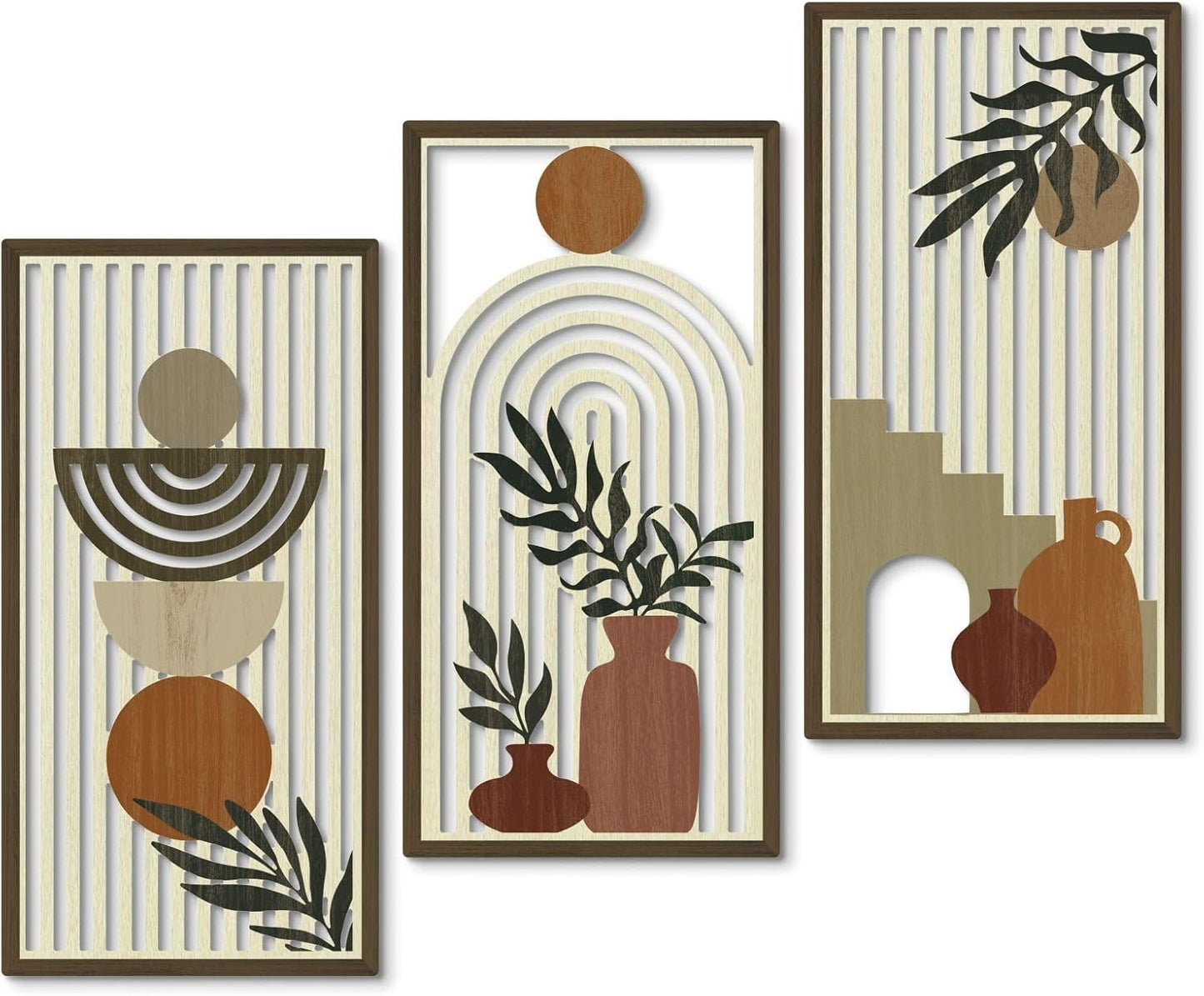 Putuo Decor Boho Abstract Wall Art, Set of 3, Modern Botanical Wooden Wall Decor, Blue Mid-Century Minimalist Framed Artwork for Living Room Bedroom, Office