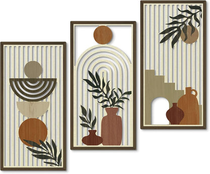 Putuo Decor Boho Abstract Wall Art, Set of 3, Modern Botanical Wooden Wall Decor, Blue Mid-Century Minimalist Framed Artwork for Living Room Bedroom, Office