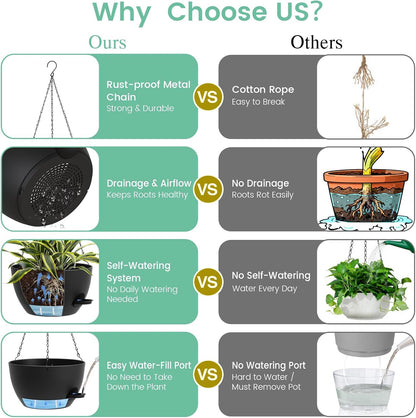 UOUZ Set of 3-10 Inch Self Watering Hanging Planters for Indoor Outdoor，Hanging Plant Pots with Drainage & Removable Tray, Hanging Pots Holder for Ivy, Pothos, Ferns, Balcony & Patio, Black with Brown