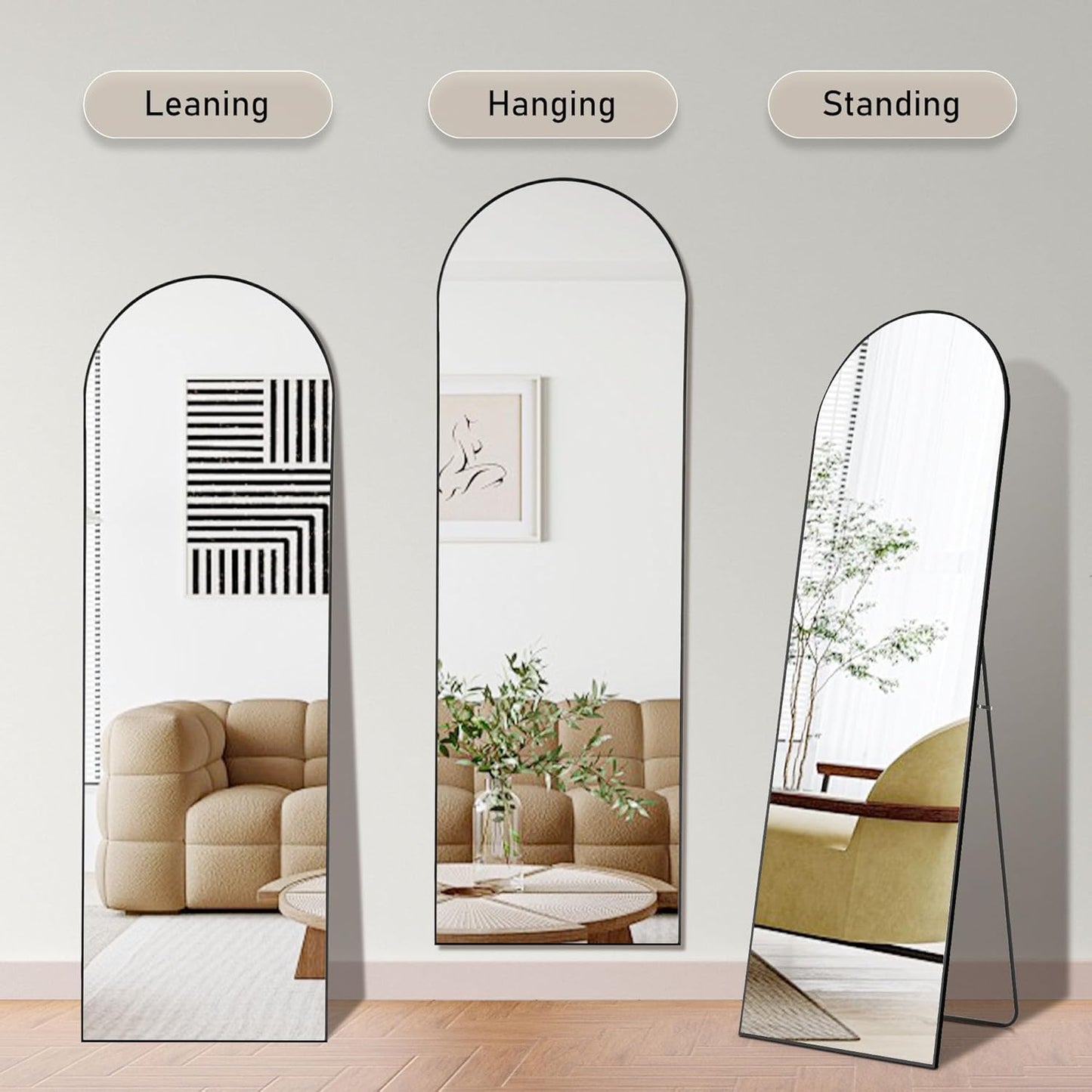 OLIXIS Black Arched Full Length Mirror 60"x16" for Bedroom, Full Body Mirror with Stand, Hanging or Leaning for Wall, Aluminum Alloy Thin Frame Floor Standing for Living Room