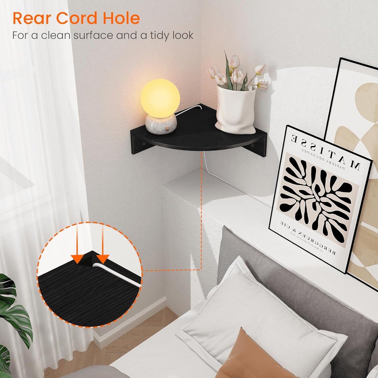 Homode Corner Shelf Wall Mount, Set of 3 Floating Corner Shelves with Cord Hole, 3 Tier Wood Wall Display Shelf, Storage for Bathroom Living Room Kitchen Bedroom, Rustic Brown and Black