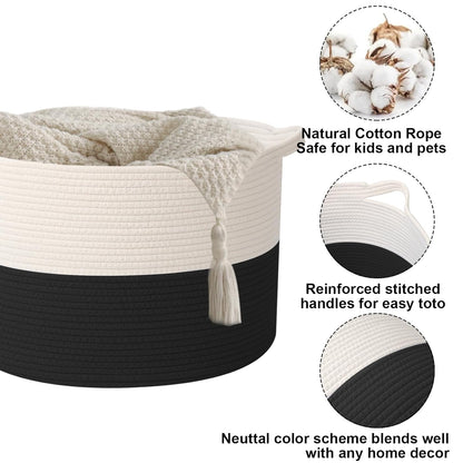 Large Woven Blanket Basket,65L Cotton Rope Laundry Basket Hamper with Handles, Decorative Nursery Basket Storage Bin for Toys, Clothes Organizer, Living Room, Bedroom, Bathroom, White & Brown