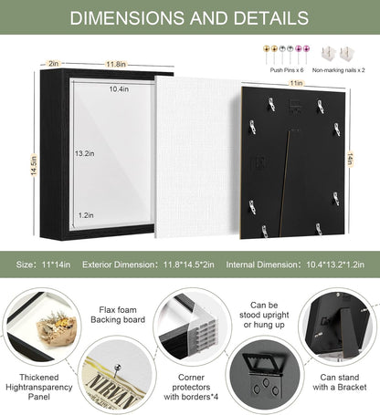 11x14 Shadow Box Display Case Picture Frame with Soft Linen Back, Large Deep Black Shadow Box 11x14 for Flowers Medal Display Case Jersey pet Graduation Memorabilia Baby Ltems Crafts Photos