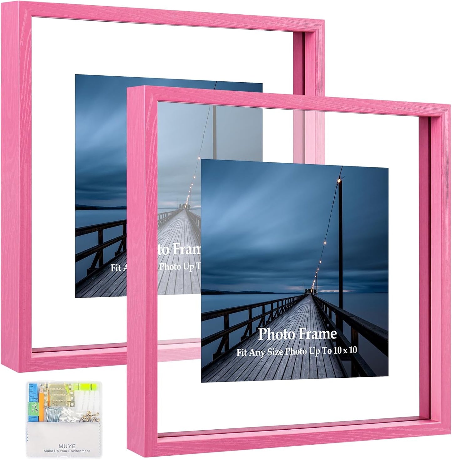 MUYE 11x14 Floating Frame Set of 2,Double Glass Rustic Frame,Display Any Size Photo up to 11x14,Wall Mount or Tabletop Standing,Natural