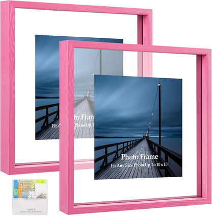 MUYE 11x14 Floating Frame Set of 2,Double Glass Rustic Frame,Display Any Size Photo up to 11x14,Wall Mount or Tabletop Standing,Natural