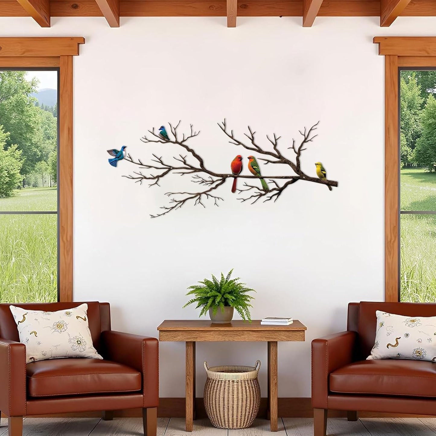 Metal Birds Wall Art, Metal Vivid Birds on Branch Silhouette Wall Decor Black Leaves with Bird Outdoor Hanging Wall Sculpture for Home Balcony Garden(Large)