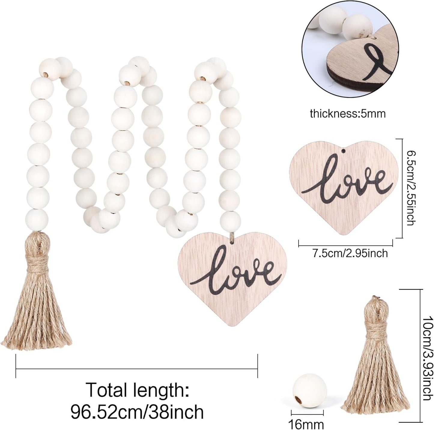 Meplait Love Wooden Bead Garland with Tassel, Decorative Beads Home Decor Farmhouse Tassel Garland Boho Decor for Tiered Tray（38in）