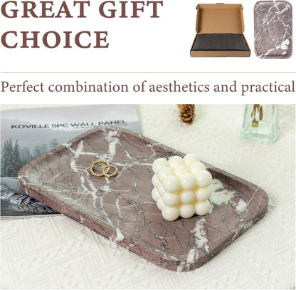 Koville Romano Travertine Tray, 12"x8" Natural Stone Vanity Tray for Countertop Bathroom Kitchen Dresser, Decorative Marble Catchall Trays for Perfume Jewelry, Rectangular Serving Tray(Beige)