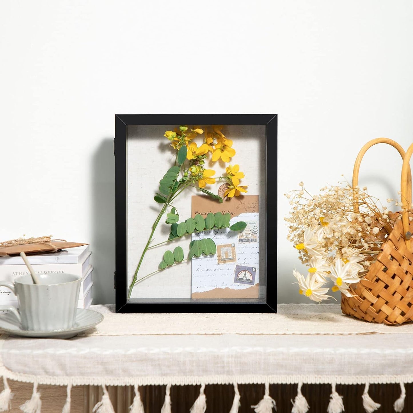 Califortree 8x10 Shadow Box Frame with Linen Back - Sturdy Rustic Memory Display Case of Flower, Pictures, Medals and More, White