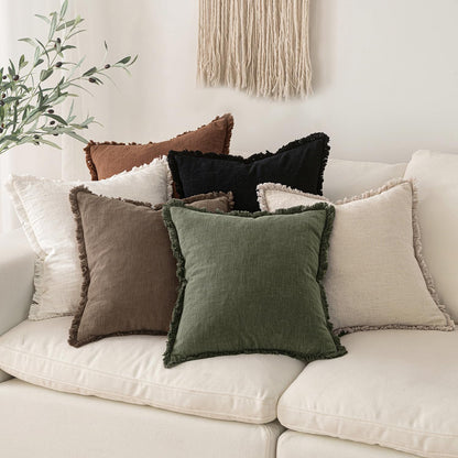 MIULEE Decorative Throw Pillow Covers Neutral Linen Fringe Throw Pillows Set of 2 Natural Beige Boho Farmhouse Cushion Covers with Tassels for Couch Sofa Bed Spring Home Decor 20x20 Inch