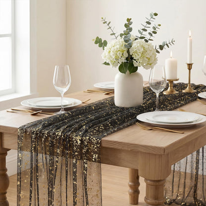 Artoid Mode Beige Gold Gauze Table Runner 120 Inch 10FT, Glitter Metallic Foil Sheer Dining Wedding Anniversary Holiday Birthday Table Decor for Home Party