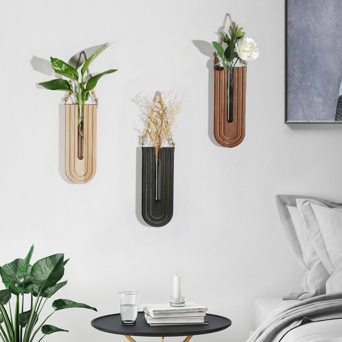 Dnnnii 2 Pack Wooden Wall Vase Set - Brown Finish Modern Farmhouse & Boho Wall Decor for Entryway, Hallway, Bathroom, Living Room, Dining Room, Narrow Spaces