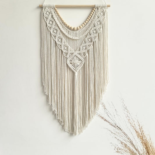 guzhiou Macrame Wall Hanging Boho Geometric Woven Tapestry Cotton Handmade Bohemian Art Decor with Wood Bead Wall Decor for Bedroom Living Room Apartment Nursery 31.5" L x 17" W (Wood bead-B)