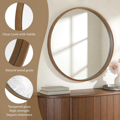WallBeyond Wood Round Mirror with Wood Frame 24 inch Circle Wall Mirror for Bathroom Round Wall Mirror for Wall Decor, Vanity, Entryway Living Room (Walnut)