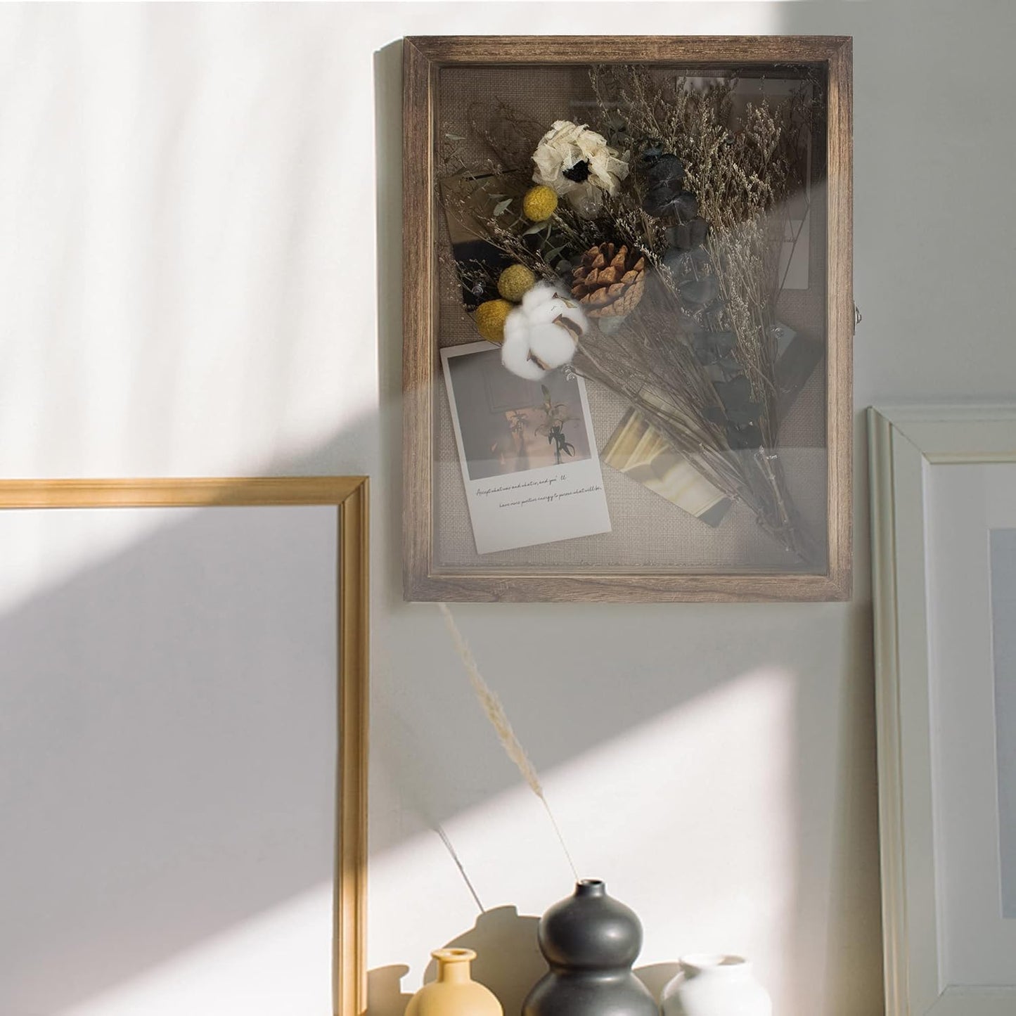 GraduatePro Shadow Box Frame 11x14 Display Case with Linen Back, Real Glass Window Door with Hinge, Picture Frame Wedding Bouquet Memorabilia Medals Photos Memory Box for Keepsakes, Carbonized Black