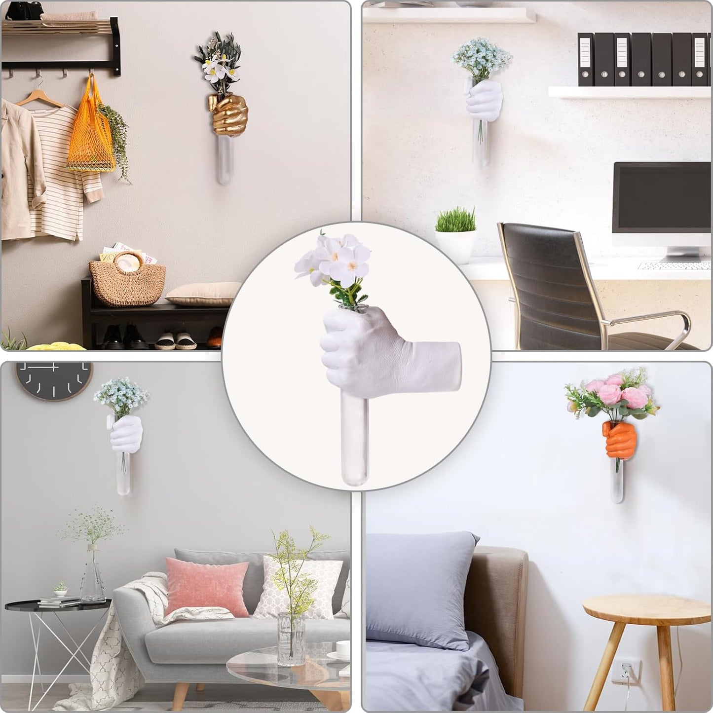 Gold Wall Sculptures, Hand Vases Home Decor, Wall Mount Art Sculpture, Unique Wall Art Statue, Funky Flower Vase Decorations, Modern Eclectic Hanging Decor,Glass Test Tube Vase