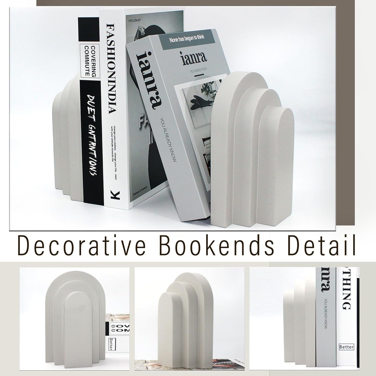 LIN CHUAN Heavy Duty Bookends for Shelves, 6.6 LBS Heavy Book Ends for Heavy Books, Decorative Modern Bookends with Faux Sandstone Look, Layered Arch Book Stopper for Bookshelf Holder Set of 2, Beige